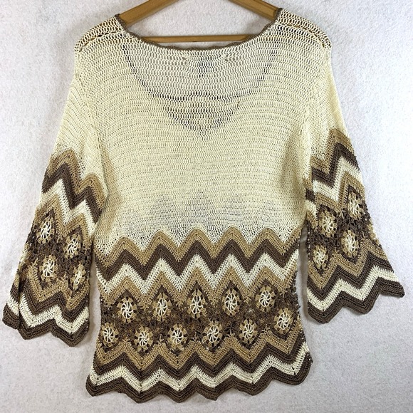 Womens Silk Blend Open Knit Crochet Sweater Top Sz M Boho Chevron Short Sleeve - Picture 6 of 12